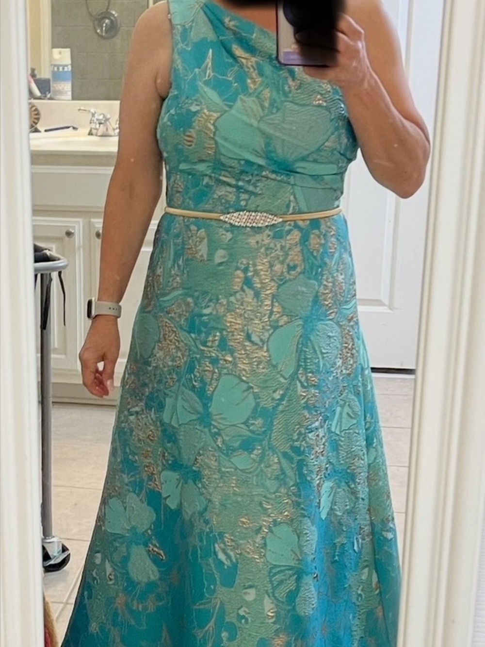 Turquoise Metallic Jacquard
One-Shoulder Gown | Evening dress